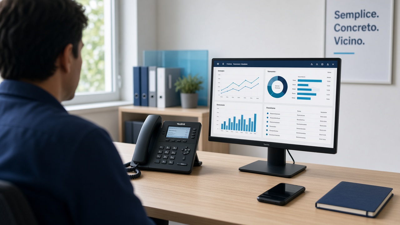 Postazione aziendale con telefono SIP, monitor e smartphone